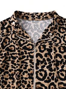 SHEIN LUNE Plus Size Front Zipper Long Sleeve Leopard Print Simple Casual Jacket - Coffee Brown - View 3