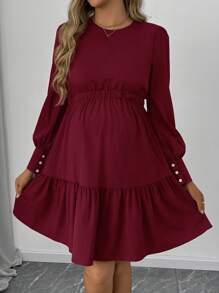 SHEIN Maternity Long Sleeve Solid Color Dress, Casual And Fashionable For Daily Wear - Red - View 5