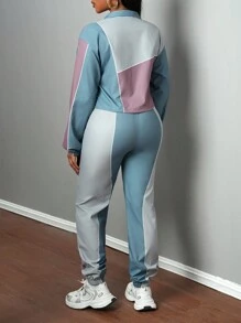 Slaydiva 2 件套女士休闲街头风格运动高领长袖拉链夹克和宽松抽绳裤，拼布拼色 - 綠色 - 查看 2