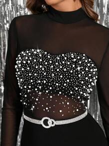 SHEIN Clasi Mono elegante para mujer para fiestas, con destellos, decoración de strass, empalme de malla en la parte delantera, mangas largas y piernas anchas - Negro - Ver 3