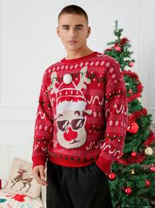 Manfinity VCAY Unisex Deer & Fawn Pattern Loose Raglan Crew Neck Pullover Sweater, Suitable For Christmas, For Fall Winter - Red - View 2