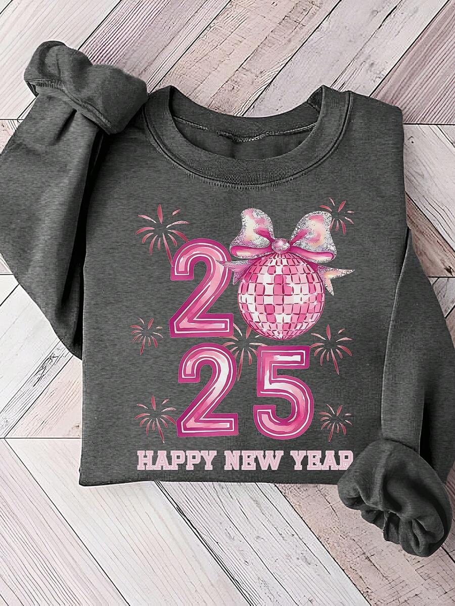 INAWLY 女士宽松休闲圆领落肩卫衣，“2025新年快乐”套头衫，适合新年庆祝秋季穿着 - 深灰色 - 查看 1