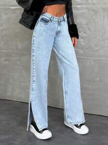 EURMUSE LOW WAIST SLIT DETAILED MEDIUM STRAIGHT LEG JEAN - Light Wash - View 5