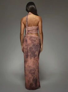 MISSGUIDED Printed Mesh Ruched Bandeau Top And Drape Maxi Skirt Two Piece Co Ord Set With Scarf - Multicolor - View 2