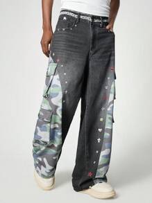 ROMWE MEN Street Life 男士时尚洗水做旧迷彩拼布工装牛仔裤 - 彩色 - 查看 5