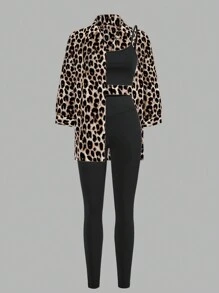 SHEIN LUNE Set de 3 piezas: Camisa, top y leggings con estampado de leopardo para otoño-invierno 2024, de estilo casual - Multicolor - Ver 4