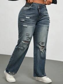 SHEIN EZwear 大码女式不对称腰部口袋破洞休闲牛仔裤