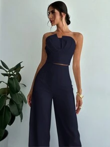 Firerie 女士优雅不对称紧身抹胸上衣和高腰仿骨直筒裤 - 藏蓝色 - 查看 8