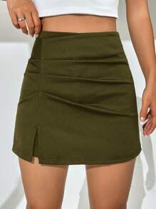 SHEIN EZwear Summer Outfits Black Solid High Waist Split Hem Skort - Army Green - View 1