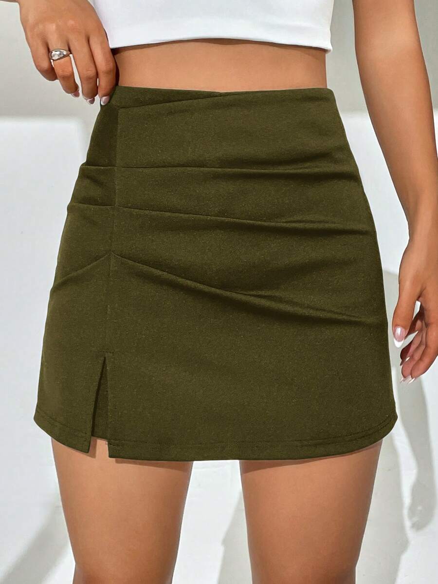 SHEIN EZwear Summer Outfits Black Solid High Waist Split Hem Skort - Army Green - View 1