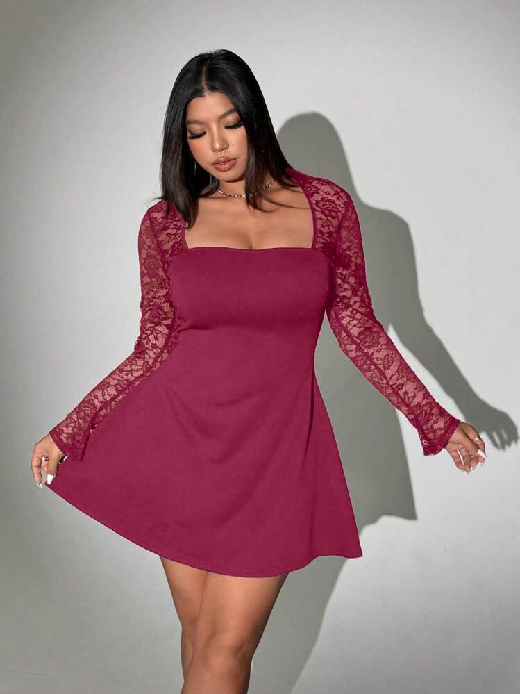 Viva Relle Vestido corto casual de manga larga con cuello de tripulación, de talla grande, con parches de encaje - Rosa Fucsia - Añade 6