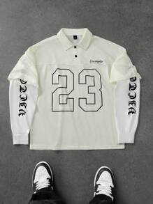 Manfinity Campus Court 男士运动学院 INS 篮球球衣网眼面料超大 23 号印花长袖纽扣领二合一米色网球 Polo 衫、平纹针织衬衫、纽扣式网球 Polo 衫、23 号衬衫、号码衬衫、衬衫 Y2k，适合秋季 - 彩色 - 查看 7