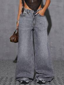 SHEIN EZwear Women's Loose Pocket Bowknot Decor Wide Leg Casual Jeans Pants