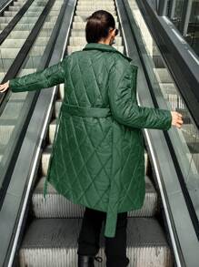 EURMUSE Women Casual Plain Diamond Quilted Padded Coat, Winter - Green - View 2