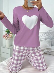 Bộ 2 món Áo in hình trái tim cỡ lớn phối quần kẻ sọc pijama, trang phục thu đông ấm áp và thanh lịch - Màu tím - Xem 4