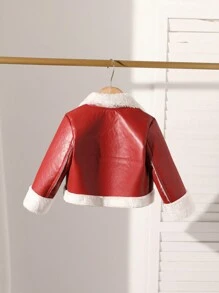 SHEIN Baby Girl Casual Color Block Splicing Fleece Jacket, Autumn/Winter - Red - View 2