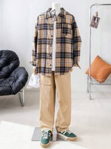 SHEIN 2 件青少年男童休闲格子领衬衫和工装裤套装，适合秋季、冬季、学院、休闲、运动、生日派对、户外、百搭和简约