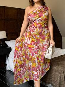 SHEIN Privé 大码女式热带印花镂空腰褶皱连衣裙，优雅休闲、度假、海滩、夏季 - 黃色 - 查看 2