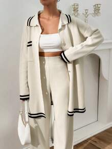 EURMUSE Women Stripe Pattern Pocket Detailed Front Button Cardigan & Sweater Pants Set - Beige - View 2