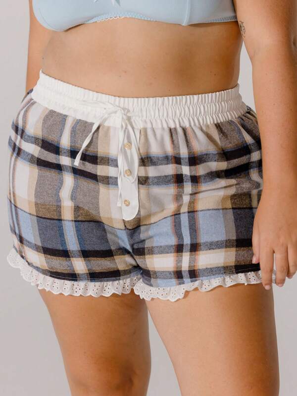 Aralina Curve Cozy Button-Front Ruffle Hem Contrast Flannel Boxer Shorts