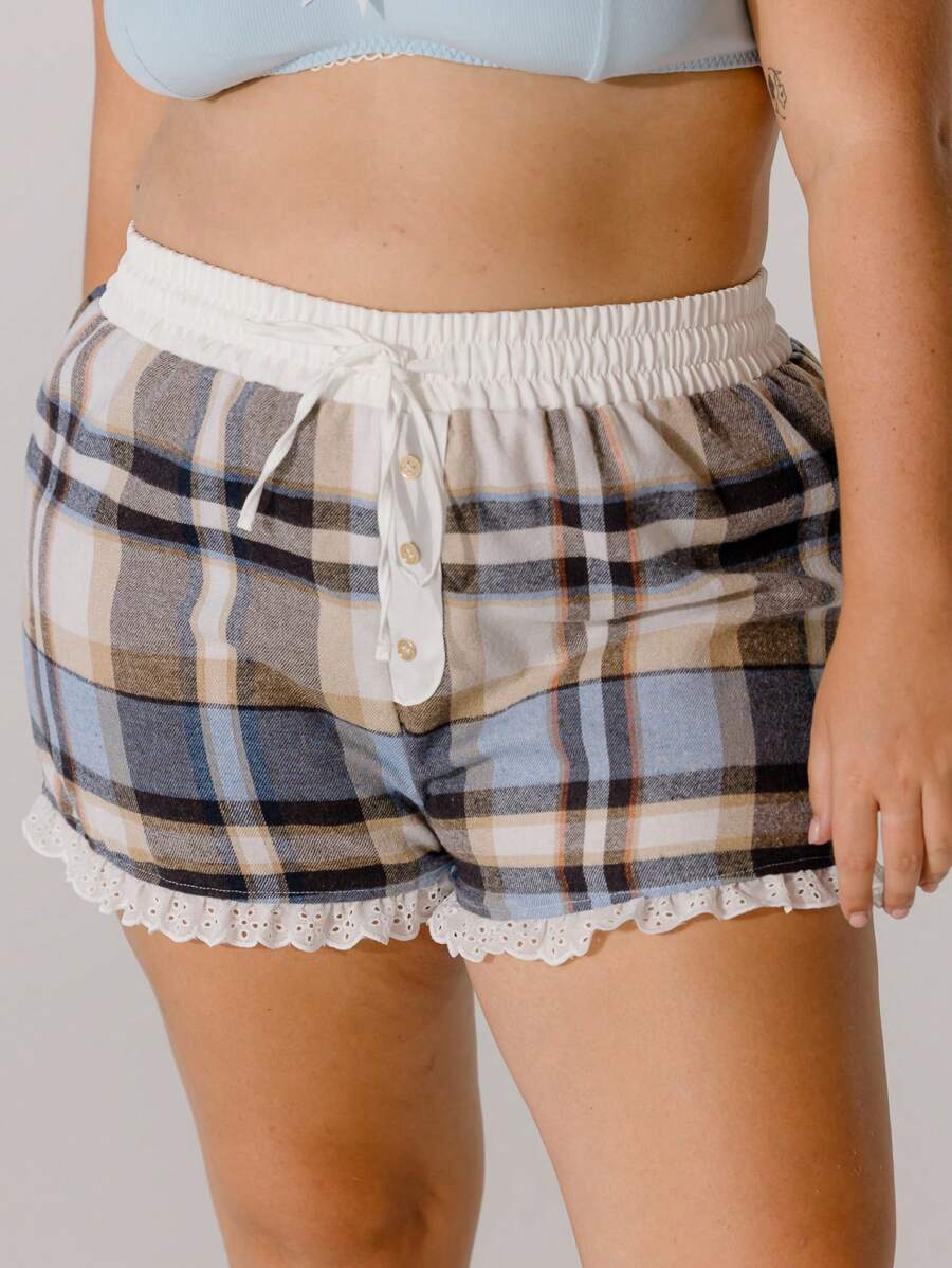 Aralina Curve Cozy Button-Front Ruffle Hem Contrast Flannel Boxer Shorts - Blue - View 1