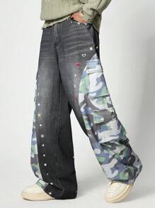 ROMWE MEN Street Life 男士时尚洗水做旧迷彩拼布工装牛仔裤 - 彩色 - 查看 3