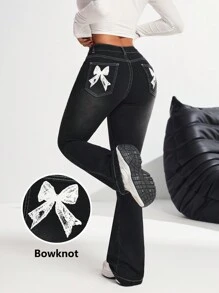 SHEIN PETITE Women's Sexy Stretchy Flare Jeans With Bowknot Detail, Black - Black - View 1
