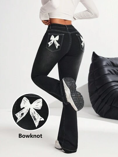 SHEIN PETITE Women's Sexy Stretchy Flare Jeans With Bowknot Detail, Black