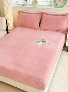 3 件套粉色天鹅绒床单（带滚边）和枕套套装，可机洗 - 粉色 - 查看 8