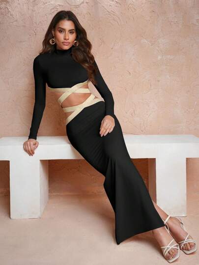 Keraye London Soft Lux Collection Váy đen thanh lịch cổ lọ dệt kim thiết kế, cho ngày lễ, đêm tiệc, trang phục hòa nhạc sinh nhật, lễ hội, trang phục lễ hội rave, đám cưới, váy dạ hội