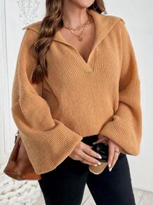 SHEIN VCAY 大码水手领半拉链套头毛衣 - 棕色 - 查看 1