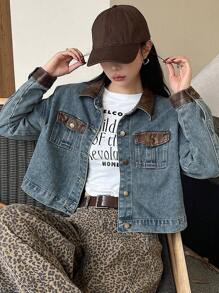 DAZY 女士纯色拼接前扣长袖口袋简约牛仔夹克 - 藍色 - 查看 5