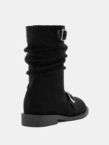 CUCCOO BIZCHIC Botas negro de media pantorrilla con detalles de botones rizado, botas de mujer estilo caballero, plataforma de tacón plano de tacón grueso, botas de motociclista