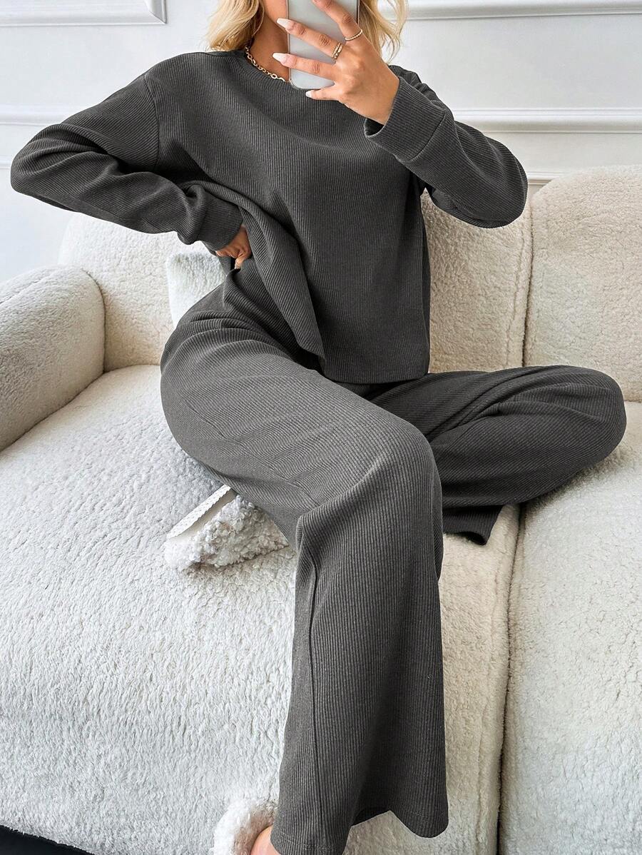 EURMUSE Women's Drop Shoulder Top And Pants Two Piece Set - Grey - View 1