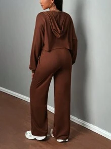 Slaydiva Set casual composto da felpa con cappuccio e chiusura lampo e pantaloni dritti con laccetto, colore marrone e tinta unita, adatto per donna - Castano - Visualizzare 4