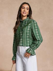 Almamuse Women's Fresh Printed Lace Patchwork Blouse Fall Cloth For Women - Green - View 7
