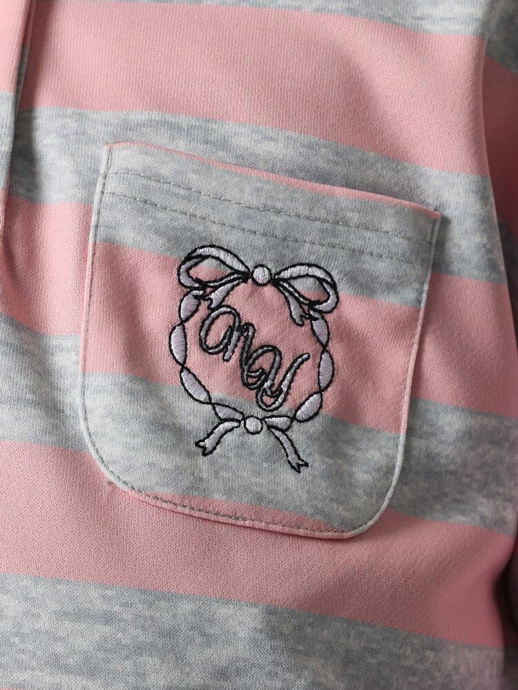 Tween-Mädchen, bequeme, quadratische Passform Rugby Rosa & Grau gestreiftes Langarm Polo Shirt