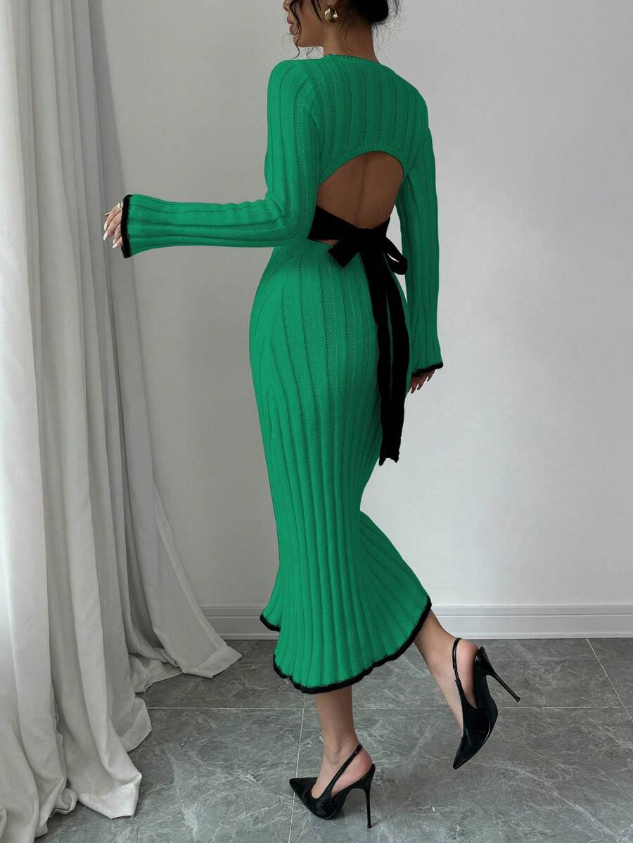 Elenzga Women's Solid Color Round Neck Long Sleeve Casual Backless Tie Knit Sweater Dress - Green - View 1