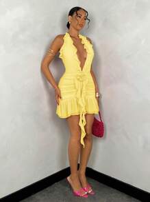 SHEIN BAE Đầm dự tiệc mùa hè xếp nếp cổ yếm màu trơn cho nữ - Màu vàng - Xem 4