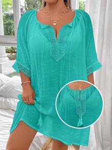 Swim Lushoire Plus Size Women Solid Color One-Piece Dropped Shoulder Shorts Set, Loose Fit Casual Beach Swimsuit Cover Up Tunic For Summer Beach Vacation