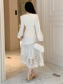 DAZY V领蕾丝拼接腰带装饰中长优雅连衣裙，适合春季婚礼宾客服装舞会礼服，秋季服装长袖连衣裙 - 米色 - 查看 2