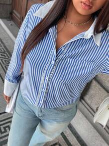 Calvaya Plus Size Women's Button Front Long Sleeve Striped Color Block Casual Shirt Fall Cloth For Women - Blue and White - View 4