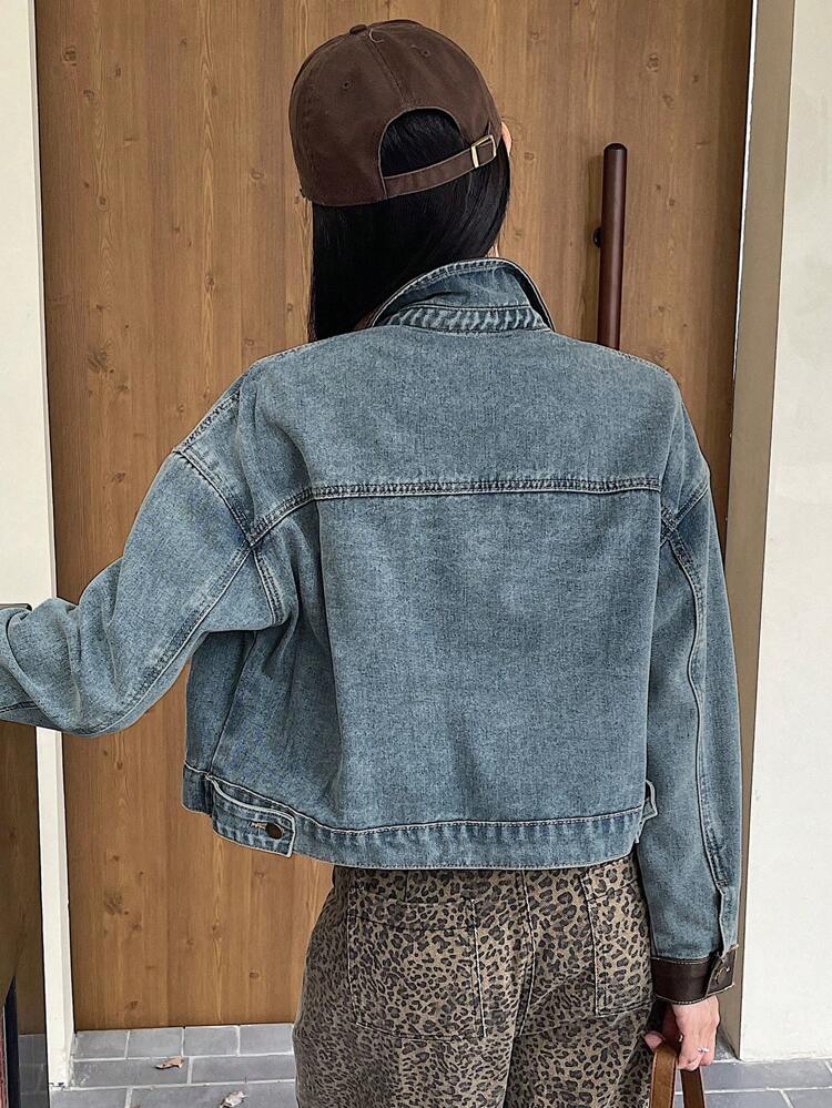 Women's Solid Color Splicing Front Button Long Sleeve Pocket Simplistic Denim Jacket