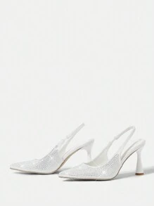 CUCCOO HITCHD Women's White Satin Crystal Embellished Pointy Toe High Heel Pumps, Elegant For Commute, Date, Wedding, Office & Formal Occasions - White - View 3