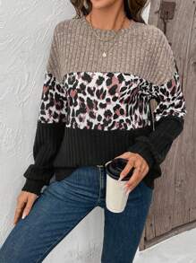 SHEIN LUNE Women's Autumn/Winter T-Shirt, Oversized Dolman Sleeve Round Neck, Leopard Print & Ribbed Panel Design, Color Blocking, Daily Casual Loose Style Graphic Cheetah Print Tees Women Tops