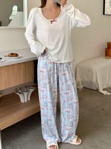 DAZY Cute Floral Lace Bow Trim Top & Loose Fit Allover Cat Print Straight Pants Sleepwear Pajama Set, Fall Winter Clothes - White - View 3