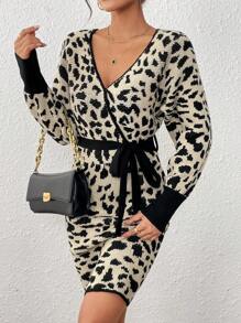 Chiquease Fashionable Leopard Print Knit Long Sleeve Tie Waist Sweater Dress - Multicolor - View 6