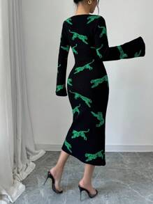 Selianne 女士动物豹纹印花圆领喇叭袖紧身毛衣连衣裙 - 綠色 - 查看 2