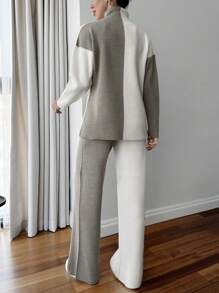 EURMUSE Colorblock Beige Sweater And Pant 2 Pcs Knitwear Set Casual Simple - Beige - View 2