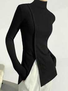 INAWLY 小高領下擺開叉圍裹T恤